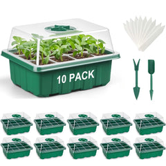 10 Pack Seed Starter Tray with Ventilation Holes featuring seedlings and planting tools for efficient germination.
