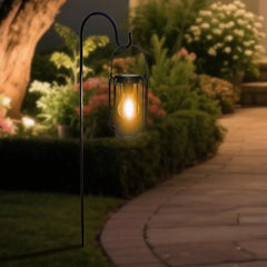 Solar-powered lantern light, hanging lantern with bulb, suitable for outdoor gardens, patios, lawns, and walkway decorations.
