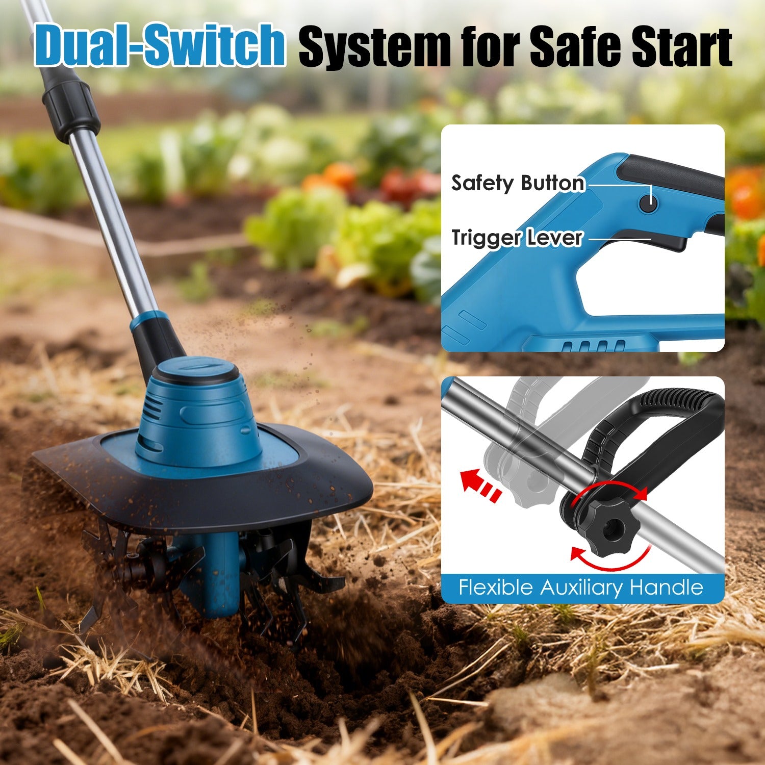 800W 21V Cordless Tiller Cultivator 3.0Ah Battery Powered Tiller Manganese Steel Tines For Soil Cultivation Weeding Gardening