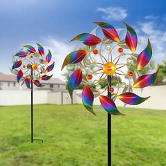 Outdoor double-layer iridescent metal wind spinner with ground stake, for decorating gardens, yards, and lawns, windmill; gift.