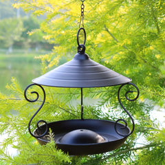Elegant Black Hanging Bird Feeder - Durable Metal Garden Decor, Attracts Various Birds, Ideal for Outdoor Use