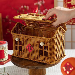 Rattan House Shaped Basket With Lid, Decorative Hand ﻿ Handle, With Harvest Basket Folding Woven Organizer Wicker Shelf J1F0