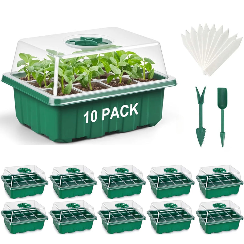 10 Pack Seed Starter Tray with Ventilation Holes featuring seedlings and planting tools for efficient germination.