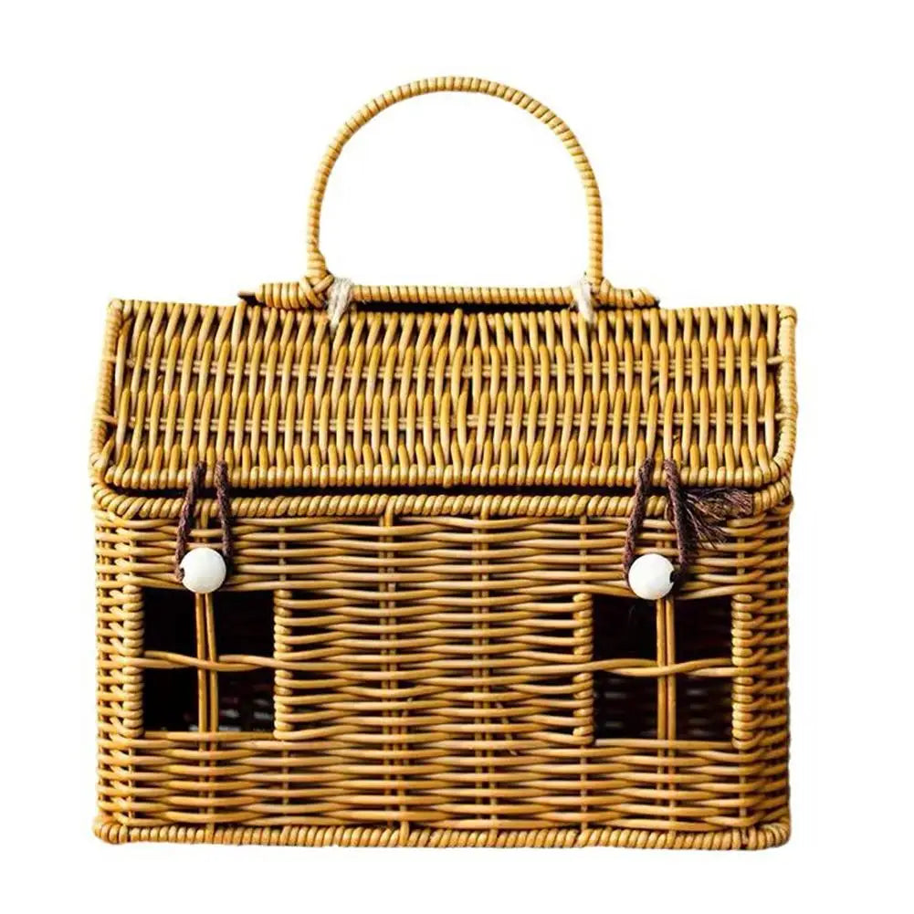 Rattan House Shaped Basket With Lid, Decorative Hand ﻿ Handle, With Harvest Basket Folding Woven Organizer Wicker Shelf J1F0