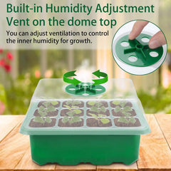 Image of a seed starter tray with ventilation holes and humidity adjustment vent for optimal plant growth.