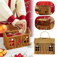 Rattan House Shaped Basket With Lid, Decorative Hand ﻿ Handle, With Harvest Basket Folding Woven Organizer Wicker Shelf J1F0