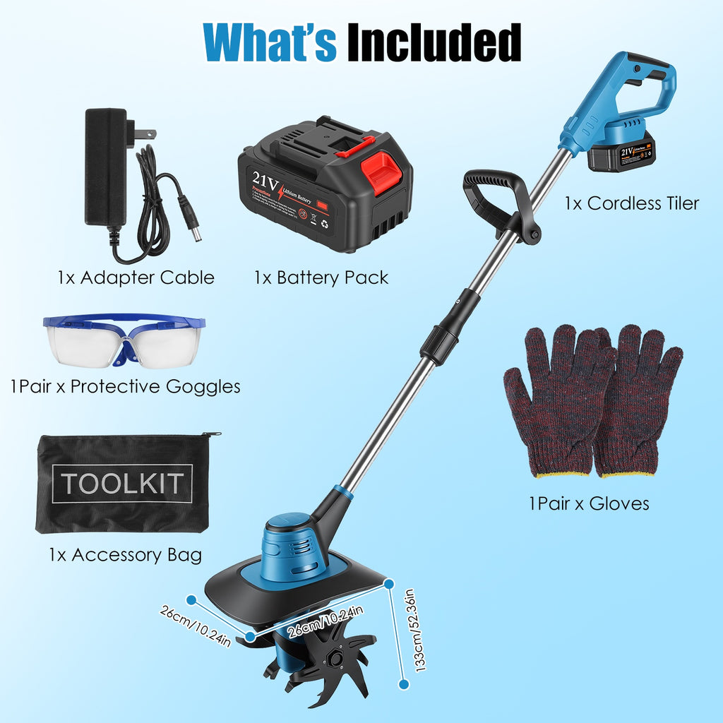800W 21V Cordless Tiller Cultivator 3.0Ah Battery Powered Tiller Manganese Steel Tines For Soil Cultivation Weeding Gardening