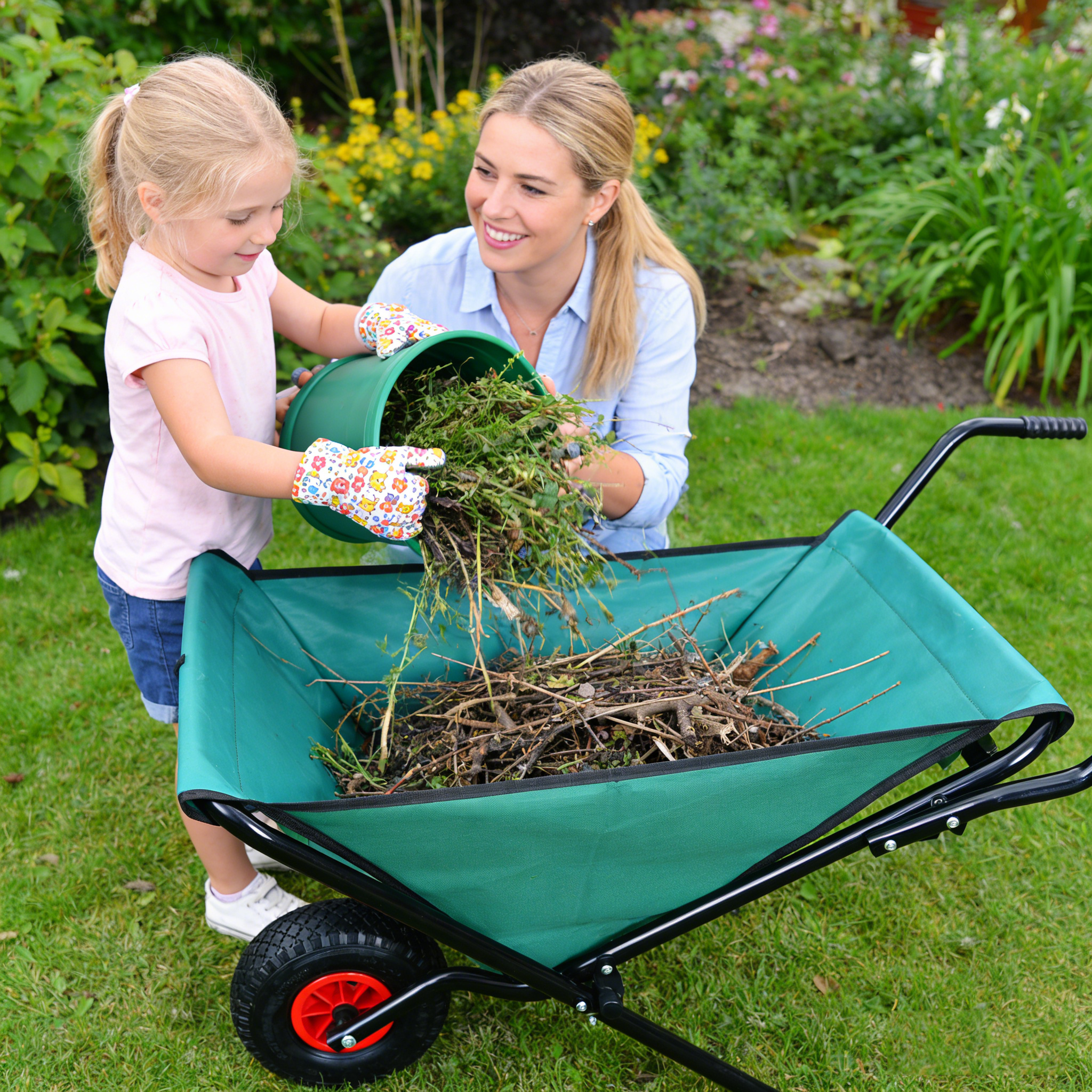 Collapsible Wheelbarrow 176 Lbs Folding Yard Garden Wheelbarrow Foldable Lightweight Gardening Heavy Duty Oxford Cloth Green Lawn Cart For Grass, Leaf, Garden Supplies, 10 Pneumatic Tire
